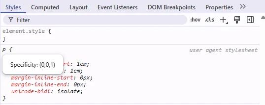 Captura del panel de DevTools de Chrome que muestra la especificidad (0,0,1).